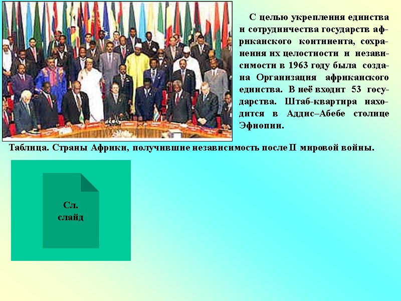 С целью укрепления единства и сотрудничества государств аф-риканского   континента,  сохра-нения их